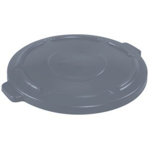 The Rubbermaid® Brute® Flat Trash Can Lid for a 44-gallon container is round, gray, and features two sturdy handles with a slightly raised center. It offers a smooth surface and subtle grooves for improved grip.