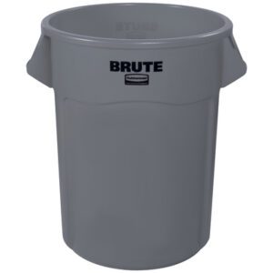 The Rubbermaid® Brute® Trash Can - 55 Gallon, Gray is a cylindrical container with BRUTE printed on it. It features two side handles and is expertly designed for heavy-duty use.