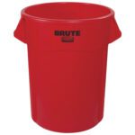 A large Rubbermaid® Brute® 55 Gallon Trash Can in vibrant red, featuring sturdy side handles.
