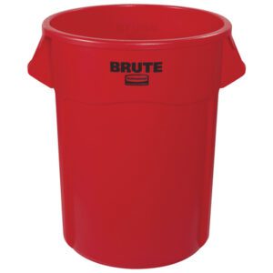 A large Rubbermaid® Brute® 55 Gallon Trash Can in vibrant red, featuring sturdy side handles.