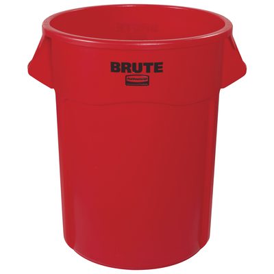 RUB355CR.jpg A large Rubbermaid® Brute® 55 Gallon Trash Can in vibrant red, featuring sturdy side handles.