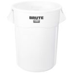 The Rubbermaid® Brute® Trash Can - 55 Gallon, White is a cylindrical container with sturdy handles and BRUTE printed on the front.