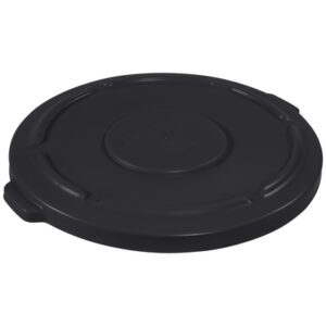The Rubbermaid® Brute® Flat Trash Can Lid - 55 Gallon, Black, is a round plastic lid with an embossed logo and side handle, designed to fit securely on a container.