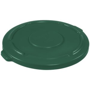 The Rubbermaid® Brute® Flat Trash Can Lid - 55 Gallon is dark green with a circular shape, raised ridges, and a small side handle. Its smooth design ensures it fits securely on the matching container.