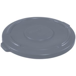 The Rubbermaid® Brute® Flat Trash Can Lid - 55 Gallon, Gray, offers a round design with a flat top, handle, embossed text, and reinforced edges for durability.