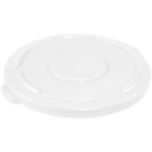 The Rubbermaid® Brute® Flat Trash Can Lid - 55 Gallon, White, has a circular design with a raised center and small handle for a secure grip.
