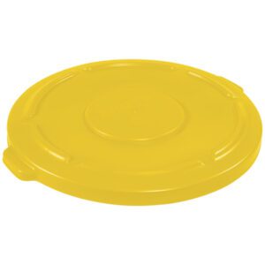 The Rubbermaid® Brute® Flat Trash Can Lid - 55 Gallon, Yellow is round with a handle and slightly raised center, fitting standard cylindrical containers.