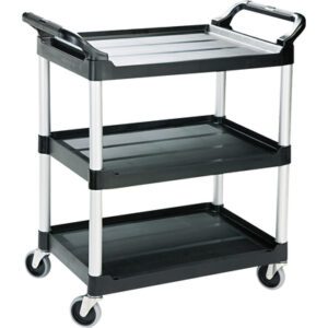The Rubbermaid® Service Cart - 34 x 19 x 38, Black, includes three shelves, silver metal supports, dual-end handles, and four swivel wheels for easy movement and dependable service.