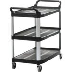 The Rubbermaid® Service Cart, 41 x 20 x 38, black, includes metal handles and four swivel casters for easy mobility. It features three flat shelves for versatile storage with a sleek black design.