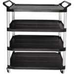 The Rubbermaid® Black Service Cart measures 41 x 20 x 51 and features a four-tier design with black shelves, white support columns, top handles, and wheels for easy mobility.
