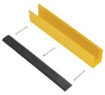 The Vestil Rack Guard W/Rubber Bumper Insert 24 In features a yellow U-shaped metal bracket with a black rubber insert and comes with four screws. It includes pre-drilled holes for easy and secure installation.