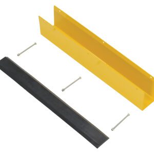 The Vestil Rack Guard W/Rubber Bumper Insert 24 In features a yellow U-shaped metal bracket with a black rubber insert and comes with four screws. It includes pre-drilled holes for easy and secure installation.