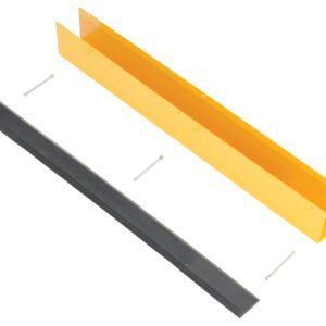 The Vestil Rack Guard W/Rubber Bumper Insert 36 In features a yellow U-shaped metal bracket, a black rectangular rubber strip, and four screws for secure assembly.