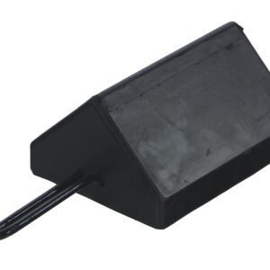 The Vestil Molded Rubber Wheel Chock Handle 9.5 In includes a rectangular base and sloped side to securely hold wheels in place, preventing vehicle movement and ensuring safety.