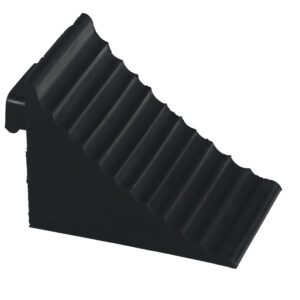 The Vestil Rubber Handle Wheel Chock 7 In Width has a triangular shape and grooved surface to secure vehicle wheels easily. Made of black rubber, it ensures reliable stability to prevent unwanted movement.