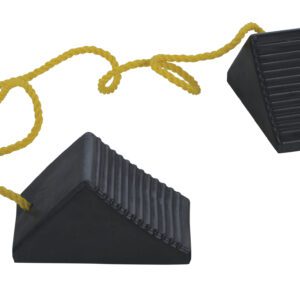 The Vestil Rubber Wheel Chock Rope 5 In Width features a ribbed triangular design and is connected by a yellow rope, ensuring vehicles remain stable. These chocks, essential for safety, are set against a plain white background and measure 5 inches wide each.