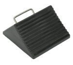 The Vestil Mini Rubber Wheel Chock, 8 inches wide, is made of black rubber with a ridged surface. Its triangular shape prevents vehicle movement and includes a top metal handle for easy handling.
