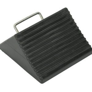 The Vestil Mini Rubber Wheel Chock, 8 inches wide, is made of black rubber with a ridged surface. Its triangular shape prevents vehicle movement and includes a top metal handle for easy handling.