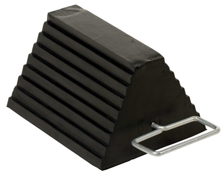 RWC-8-HDL_A.jpg The Vestil Rubber Wheel Chock Steel Handle 9.25 In is a black, wedge-shaped rubber chock with a ridged surface and sturdy steel handle, designed to prevent vehicle movement by securely fitting against tires.
