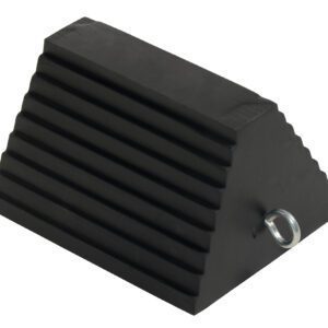 The Vestil Rubber Wheel Chock-Eye Bolt 9.50 In has a sturdy trapezoidal design, horizontal ridges, and a metal eye bolt on one side, providing reliable stability and safety.