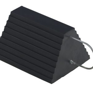 The Vestil Rubber Wheel Chock-U Handle 9.25 In has a ridged, triangular design made of durable black rubber and includes a convenient metal U handle, ideal for securely stabilizing vehicles and equipment.