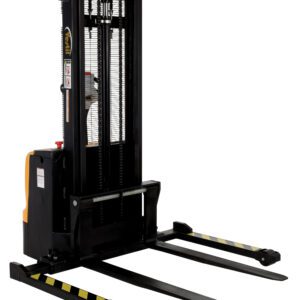 The Vestil Stacker Dbl Mast 101 In Adjustable 2.2K features a black and yellow design, dual masts extending to 101 inches, extended forks, and a vertical lifting mechanism, offering safety labels and an adjustable handle for efficient pallet transport up to 2.2K.