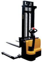 The Vestil Stacker Dbl Mast 118 In Adjustable 2.2K is a yellow/black stacker with intuitive handle controls and strong forks, ideal for lifting/moving pallets, featuring a tall mast for efficient load adjustment.
