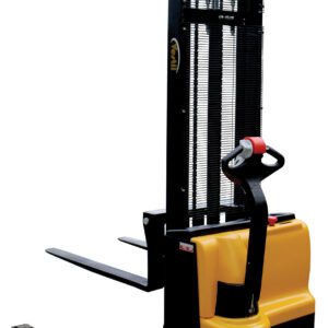 The Vestil Stacker Dbl Mast 118 In Adjustable 2.2K is a yellow/black stacker with intuitive handle controls and strong forks, ideal for lifting/moving pallets, featuring a tall mast for efficient load adjustment.