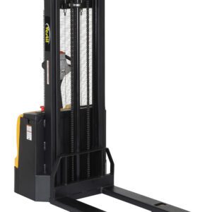 The Vestil Stacker Dbl Mast 118 In Fixed 2.2K is an electric pallet stacker in black and yellow, equipped with two long forks and a tall vertical mast. It features side-mounted control handles, complemented by a sturdy design with chains and pulleys for efficient lifting.