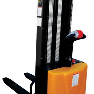 The Vestil Fixed Powered Lift Stacker 118 In Raised, featuring a black and orange design, comes with a control handle, lifting forks, and chain-equipped mast that elevates up to 118 inches. Its ideal for efficient pallet and goods movement in warehouses.