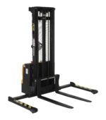 The black Vestil Stacker Dbl Mast 125 In Adjustable 2.2K is a manual forklift with two extended forks for lifting pallets, featuring an upright frame with visible chains and gears and a wide base for excellent stability during operations.