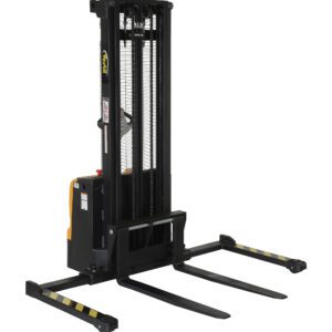 The black Vestil Stacker Dbl Mast 125 In Adjustable 2.2K is a manual forklift with two extended forks for lifting pallets, featuring an upright frame with visible chains and gears and a wide base for excellent stability during operations.