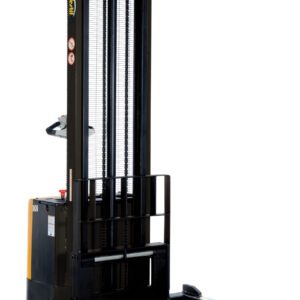 The Vestil Adjust Powered Lift Stacker 150In Raised is an electric pallet stacker with a 150-inch mast, two base forks, a control handle, and safety labels. Primarily black with yellow accents, its ideal for lifting and transporting pallets in warehouses.