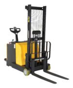 The Vestil Counter Balanced Powered Lift 2 To 62 In features a yellow and black design with a control handle, safety grid, and dual forks for effortless pallet lifting from 2 to 62 inches.