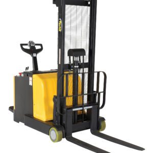 The Vestil Counter Balanced Powered Lift 2 To 62 In features a yellow and black design with a control handle, safety grid, and dual forks for effortless pallet lifting from 2 to 62 inches.