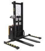 Introducing the Vestil Fixed Fork-Lift Stacker 62 In Raised Ht, with a black frame and yellow accents. It features a control handle, two long base forks, protective mesh backing, visible wheels, and a lifting mechanism for efficient handling.