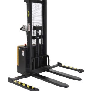 Introducing the Vestil Fixed Fork-Lift Stacker 62 In Raised Ht, with a black frame and yellow accents. It features a control handle, two long base forks, protective mesh backing, visible wheels, and a lifting mechanism for efficient handling.