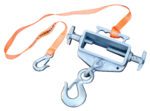 The Vestil Hoisting Hook Single Fork Rigid Latch includes a metal lifting strap with an adjustable mechanism, two orange straps capped with metal hooks, and is marked Attach to Forklift. Its designed for safely securing and lifting objects with a single fork.