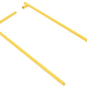 The Vestil Steel Square Handrail - Sliding Gate features a yellow frame-shaped structure with two long parallel bars connected by a shorter bar at one end, isolated on a pristine white background.