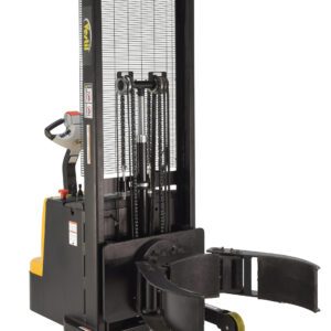 An industrial forklift in yellow and black is equipped with the Vestil Vertical Drum Gripper/Rotator Stacker 800Lb for drum handling, featuring a mesh safety guard, control panel, and robust wheels for efficient use.