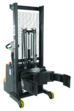 This electric forklift offers a compact cockpit with a steering handle, an efficient hydraulic lift, a protective metal guard, yellow wheels, and a base fork for pallet lifting. It has an impressive 800# capacity similar to the Vestil Vertical Roll Gripper/Rotator.