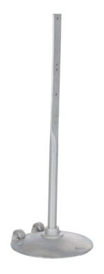 The Vestil Sign Stand W/Wheels 16.75 X 17.38 X 48 is a tall, slender metal pole with a circular base, rounded edges, and two small brackets. It has holes along its length for versatile use.