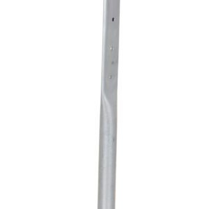 The Vestil Sign Stand W/Wheels 16.75 X 17.38 X 48 is a tall, slender metal pole with a circular base, rounded edges, and two small brackets. It has holes along its length for versatile use.
