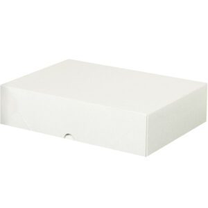 The MH-USA 8 5/8 x 12 x 3 stationery folding carton, a plain white rectangular cardboard box with a simple lid, rests closed against a white background with a subtle embossed line near the front.
