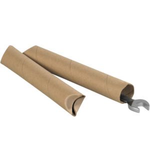 Two cardboard rolls, like 1 1/2 x 30 Kraft Crimped End Tubes from a case of 70, feature one open end exposing a metal wrench partially inside. The plain brown rolls contrast with the silver open-end wrench, all displayed against a pristine white background.