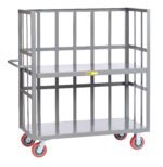 A gray metal utility cart like the Little Giant 3-Sided Shelf Trucks features a grid frame, two shelves, and handle. Four red wheels enhance mobility, and its open design of slat-type sides allows easy access.