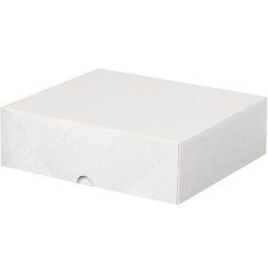 A plain white, rectangular cake box with a tuck-in tab closure is shown against a white background, exemplifying the style of MH-USA 8 5/8 x 9 1/2 x 3 Stationery Folding Cartons (200/Case).