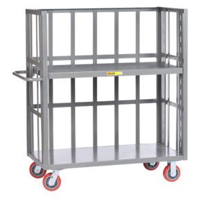The Little Giant 3-Sided Adjustable Shelf Truck has slat-type sides, two shelves, a rectangular frame, and red rubber wheels. Its designed for transporting heavy items in warehouses and features a sturdy handle on one end.