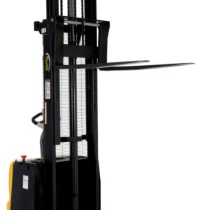 The black and yellow Vestil Stacker Double Mast 62 In Adjustable 3K is an electric forklift stacker with extended forks, a vertical mast with metal chains, and a side control handle. It includes wheels at the base for easy mobility.