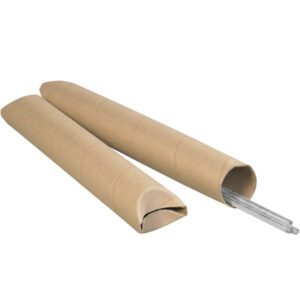 Two 3 x 18 Kraft Crimped End Tubes are shown, their smooth brown surfaces and cylindrical shapes catching attention. One is open, revealing metal rods inside. Sold in a case of 24, they are perfect for versatile storage needs.